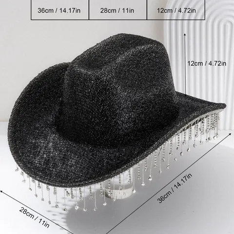 Women Men Western Cowboy Hat Sequin Glitter Rhinestone Tassel Wide Brim Fedora Stage Performance Wedding Party Cowgirl Hat