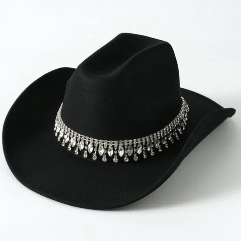 Sombrero de Vaquero del Oeste para Mujer de Fieltro de Poliéster Fedora Con Borla de Diamantes de Imitación Doble Fila