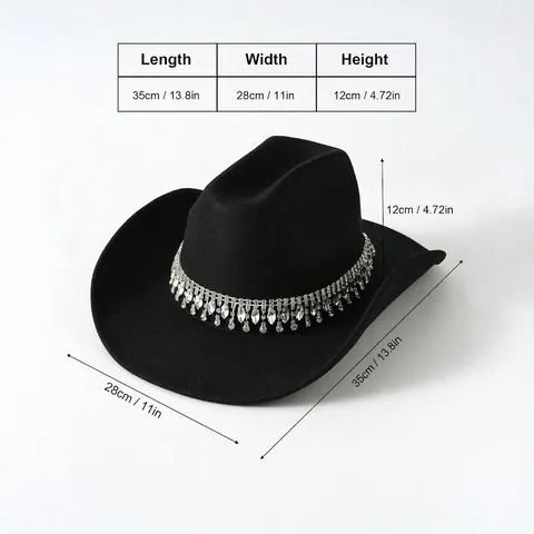 Sombrero de Vaquero del Oeste para Mujer de Fieltro de Poliéster Fedora Con Borla de Diamantes de Imitación Doble Fila