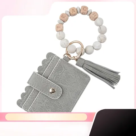 PU Leather Card Holder Bracelet Keychain Set With Tassel Wooden Letter Beads Silicone Bead Wristlet ID Case Wallet Teacher Gift