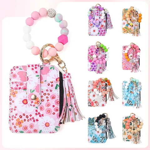 Daisy Druck PU Leder Kartenhalter Mit Silikon Perlen Handschlaufe Schlüsselanhänger Quaste Armband Geldbörse Für Damen Kleiner Geldbeutel