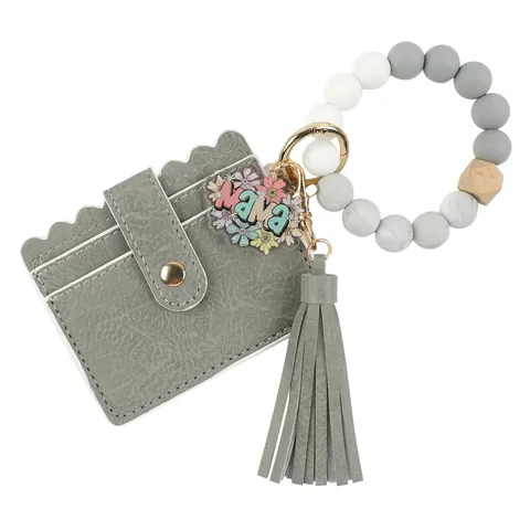 PU Leder Kartenhalter Schlüsselanhänger Mit Silikon Perlen Armband Quaste Mama Acryl Anhänger Tasche Anhänger Für Damen Alltagszubehör