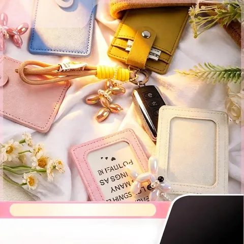 Portable PU Leather Card Holder With Braided Rope Balloon Dog Keychain Artificial Pearl Cute ID Badge Case For Women Students