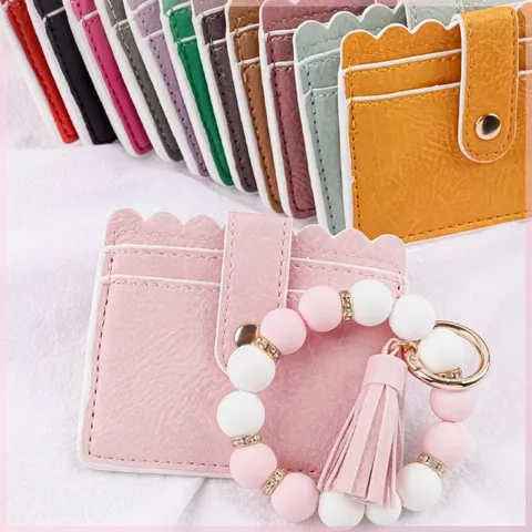 Silicone Beaded Wristlet Keychain With PU Leather Card Holder Wallet Tassel Wave Edge Bracelet Key Ring For Women Gift
