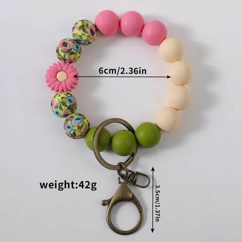 Daisy Silicone Beaded Bracelet Keychain Floral Print DIY Handmade Silicone Bangle For Women Car Key Ring Wristlet Accessories