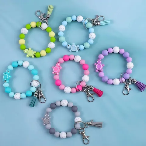 Cute Silicone Beaded Keychain Wristlet With Leather Tassel Cartoon Turtle Pendant Zinc Alloy Metal Key Ring Creative Bag Charm Gift