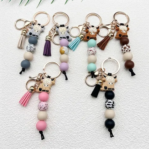 Hooglandkoe Siliconen Kraal Sleutelhanger Met Kwastje Bedrukte Kralen Tas Bedeltje Boho Dier Sleutelring Tas Hanger Vrouwen Cadeau