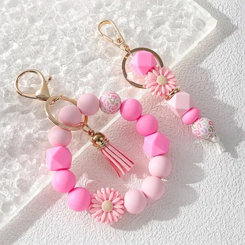 Daisy Silicone Beaded Keychain Wristlet For Women Cute Leopard Print Marble Bead Key Ring With Tassel Bag Charm Fashion Accessories Gift