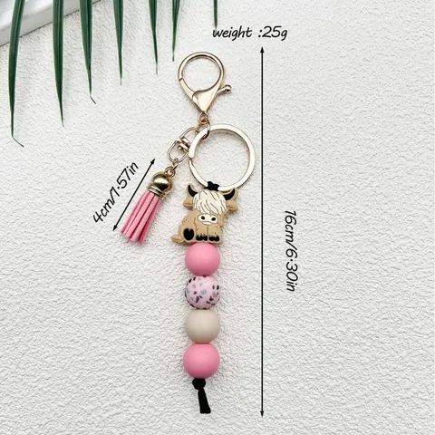 Hooglandkoe Siliconen Kraal Sleutelhanger Met Kwastje Bedrukte Kralen Tas Bedeltje Boho Dier Sleutelring Tas Hanger Vrouwen Cadeau