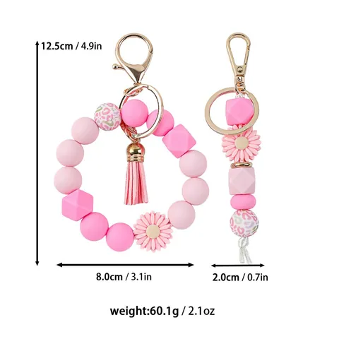 Daisy Silicone Beaded Keychain Wristlet For Women Cute Leopard Print Marble Bead Key Ring With Tassel Bag Charm Fashion Accessories Gift