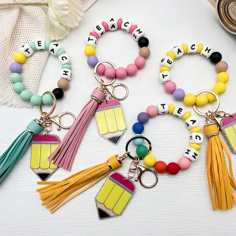Cute Silicone TEACH Letter Bead Keychain With Tassel Pencil Pendant Colorful Silicone Wristlet Keychain For Teachers Graduation Gift