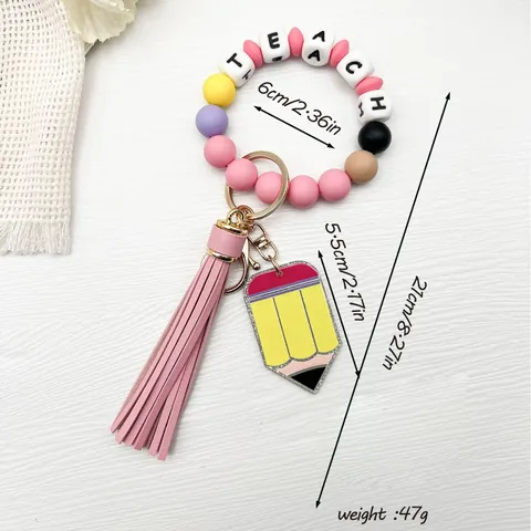 Cute Silicone TEACH Letter Bead Keychain With Tassel Pencil Pendant Colorful Silicone Wristlet Keychain For Teachers Graduation Gift