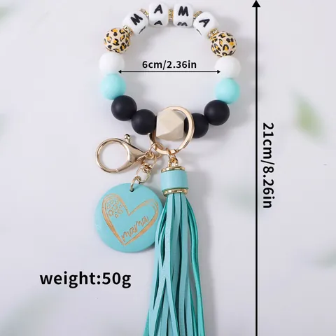 Siliconen Kralen Sleutelhanger MAMA Letter Houten Kraal Luipaardprint Kwastje Polsband Tas Bedeltje Voor Vrouwen Moederdag Cadeau