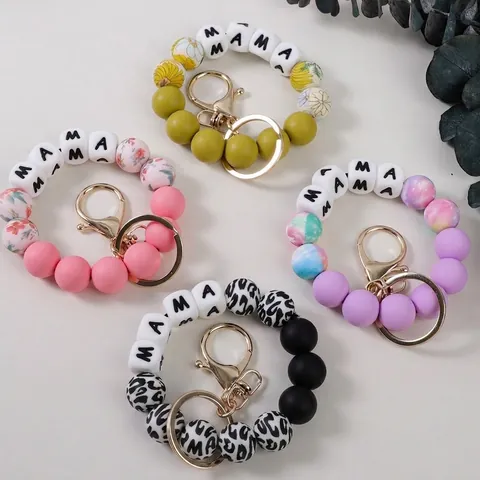Portable Silicone Bead Bracelet Keychain Mama Letter Wristlet Wristband Handheld Bag Car Key Ring Fashion Accessory For Women