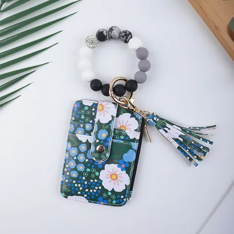 Daisy Druck PU Leder Kartenhalter Mit Silikon Perlen Handschlaufe Schlüsselanhänger Quaste Armband Geldbörse Für Damen Kleiner Geldbeutel