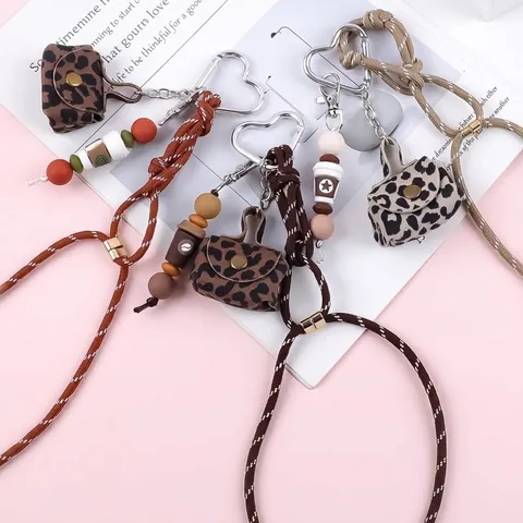 Leopard Print PU Leather Mini Purse Keychain with Coffee Cup Beads and Braided Cord Fashion Accessory for Women