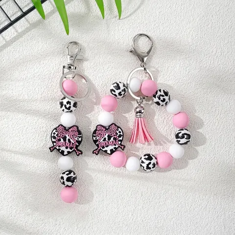 Pulsera de Llavero con Cuentas de Silicona de Moda para Mujer Estampado de Vaca Rosa Corazón de Cuentas Colgante MAMA Borla Brazalete Llavero Titular