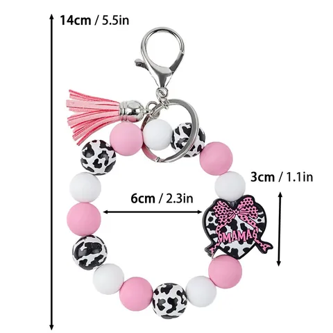 Pulsera de Llavero con Cuentas de Silicona de Moda para Mujer Estampado de Vaca Rosa Corazón de Cuentas Colgante MAMA Borla Brazalete Llavero Titular