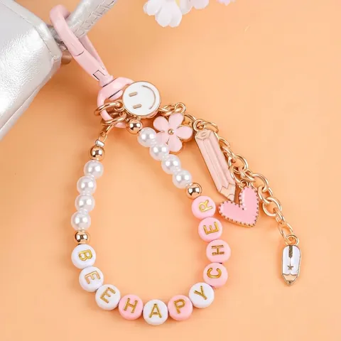 Acrylic Beaded Best Teacher Keychain With Alloy Pencil Flower Charms Artificial Pearl Bag Charm Gift For Teacher Women