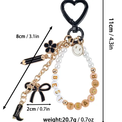 Acrylic Beaded Best Teacher Keychain With Alloy Pencil Flower Charms Artificial Pearl Bag Charm Gift For Teacher Women