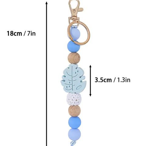 Silicone Beaded Monstera Leaf Keychain For Women Wood Bead Cotton Knitted Charm Bag Pendant Car Key Ring Accessory