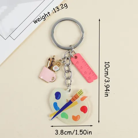 Creative Acrylic Art Palette Paintbrush Ruler Keychain Pendant Cute Stationery Miniature Art Teacher Student Gift Accessory