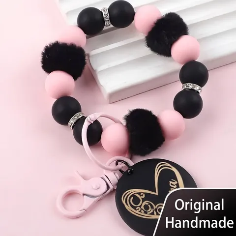 Silikonperlen Armband Schlüsselanhänger Mit Plüsch Pompon Und Holz Mama Anhänger Armreif Schlüsselring Für Damen Mode Schmuck Zubehör