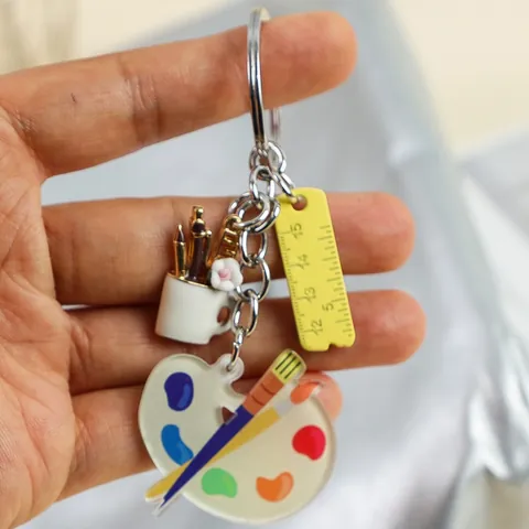 Creative Acrylic Art Palette Paintbrush Ruler Keychain Pendant Cute Stationery Miniature Art Teacher Student Gift Accessory