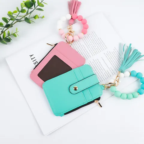 PU Leather Silicone Bead Tassel Keychain Wristlet Card Holder Wallet Bag Charm Multi Functional Key Ring For Women