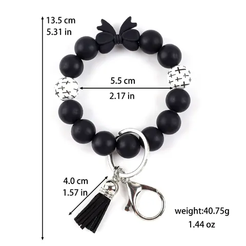 Siliconen Kralen Sleutelhanger Polsband Met Strik En PU Kwast Lichtgevende Kralen Sleutelhanger Armband Voor Vrouwen Kruispatroon Sleutelring Tas Accessoires