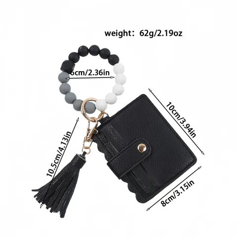 Silicone Beaded Bracelet Wristlet Keychain With PU Leather Card Holder Wallet Tassel Key Ring Multi Card Slot Storage Bag
