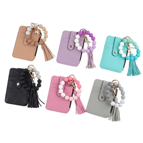 PU Leather Silicone Bead Tassel Keychain Wristlet Card Holder Wallet Bag Charm Multi Functional Key Ring For Women