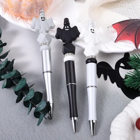 Halloween Ghost Silicone Beaded Ballpoint Pen And Keychain Hanging Ornament Black White Gray Beaded Ghost Pen For Halloween Party Gift Office Supplies