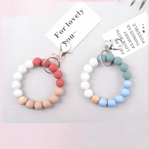 Candy Color Silicone Bead Wood Bead Keychain Bracelet DIY Bag Charm Hanging Accessory Handheld Key Ring For Women Men Jewelry