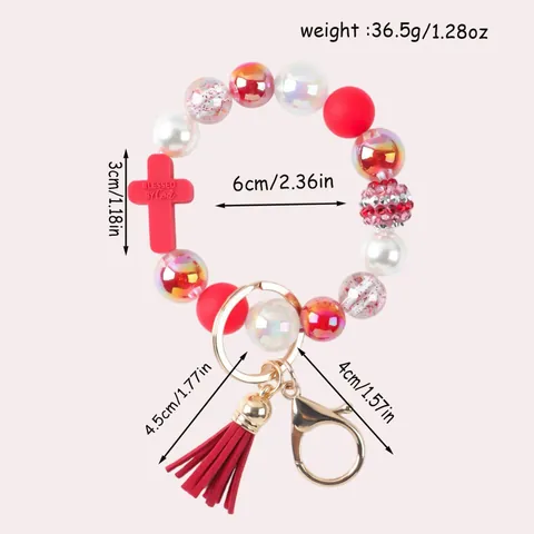 Handmade Silicone Beaded Bracelet Keychain With Red Tassel Cross Blessed By God Religious Alloy Rhinestone Wristlet Bag Charm For Women Girls