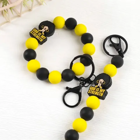God Is My Strength Silicone Bead Keychain Wristlet For Women Afro Character PVC Tag Prayer Quote Key Ring Bag Charm Yellow Black Accessories
