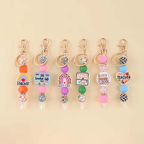 Silicone Beaded Keychain Pendant Teacher Gift Rainbow Pencil School Theme Bag Charm Cartoon Letter Key Ring Jewelry For Graduation Teachers Day