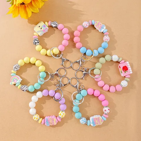 Cute Silicone Beaded Keychain Wristband Lanyard Cartoon Notebook Pencil Pendant Keyring For Women Bag Charm Graduation Gift