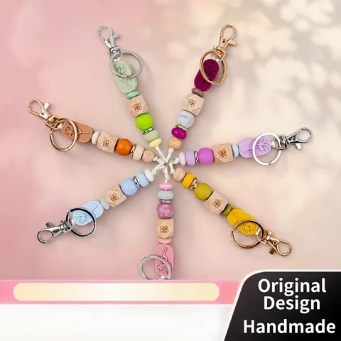 Handmade Boho Silicone Wooden Bead Keychain With Rose Flower Relief Butterfly Engraved Bag Pendant Accessory For Women Jewelry Gift