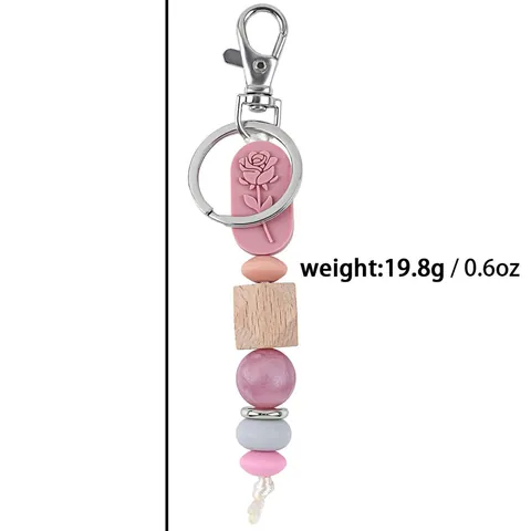 Handmade Boho Silicone Wooden Bead Keychain With Rose Flower Relief Butterfly Engraved Bag Pendant Accessory For Women Jewelry Gift