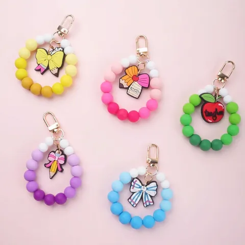 Silicone Beaded Keychain Wristlet For Teachers Multicolor Gradient Silicone Beads Bracelet Teacher Appreciation Gift Bag Charm