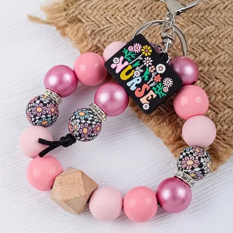 Llavero de Cuentas de Silicona Pulsera de Muñeca Estampado de Leopardo Floral Regalo de Enfermera Anillo de Llaves de Silicona Accesorio para Mujer Nurse Fuel Scrub Life