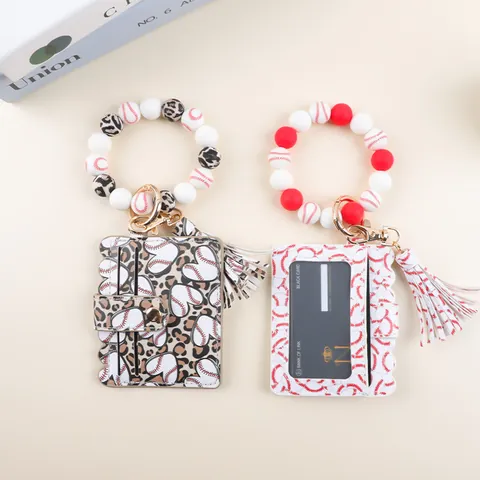 Baseball Stitch Silicone Bead Bracelet Keychain With PU Leather Card Holder Tassel Wallet Sports Keyring For Women Gift