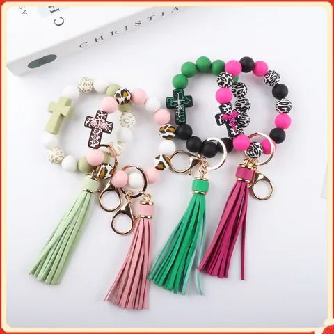 Silicone Bead Cross Keychain For Women Leopard Print Beaded Tassel Bracelet Key Ring Bag Pendant Car Key Anti-lost Hanging Accessory