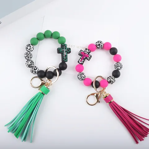 Silicone Bead Cross Keychain For Women Leopard Print Beaded Tassel Bracelet Key Ring Bag Pendant Car Key Anti-lost Hanging Accessory