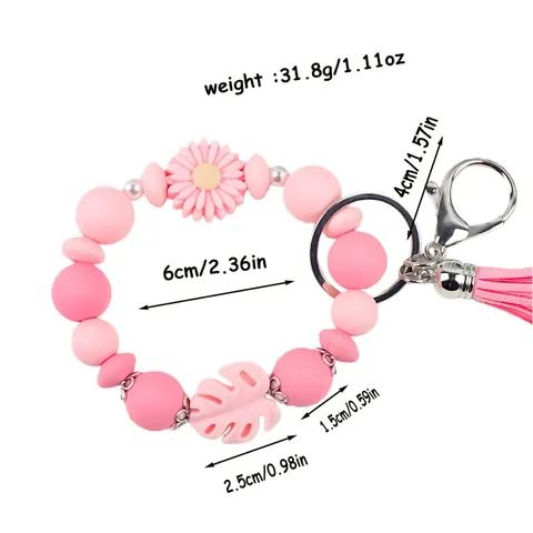 Daisy Silicone Beaded Bracelet Keychain With Tassel Monstera Leaf Wristlet Key Ring For Women Floral Bag Charm