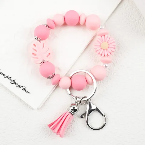 Daisy Silicone Beaded Bracelet Keychain With Tassel Monstera Leaf Wristlet Key Ring For Women Floral Bag Charm