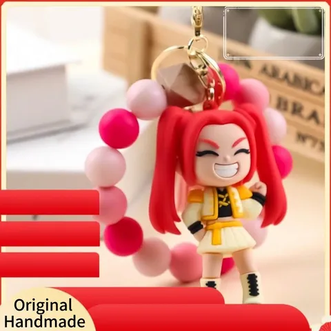 Llavero de Pulsera de Silicona con Cuentas de Dibujos Animados para Mujeres Niñas Colgante de Bolsa Anime con Borla y Cuenta de Madera Regalo