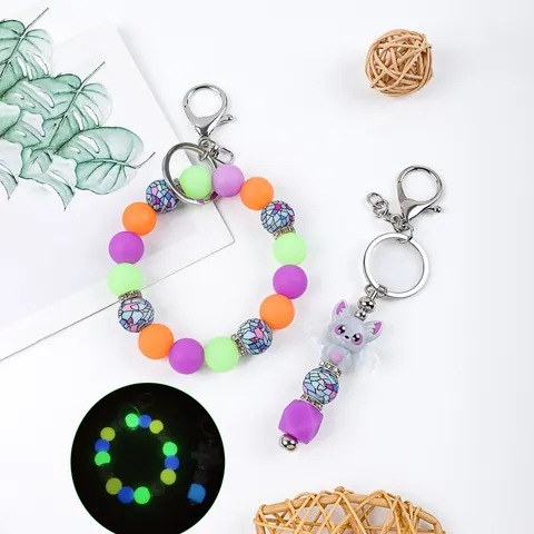 Cute Silicone Beaded Keychain Wristlet LOVE Letters Luminous Beads Smile Face Bat Bowknot Charm Alloy Clasp Bag Ornament