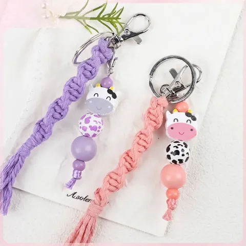 Cartoon Cow Silicone Bead Keychain For Women Cute Braided Cotton Rope Tassel Bag Charm DIY Jewelry Accessory Gift